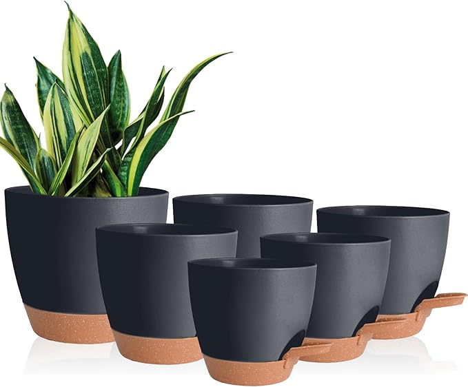 Planters for Indoor Plants, 8/7/6.5/6/5.5/5 Inch Self Watering Plant Planters with Drainage Hole, Plastic Planters Flower Pots for Indoor Outdoor Plants (Black) Vanslogreen
