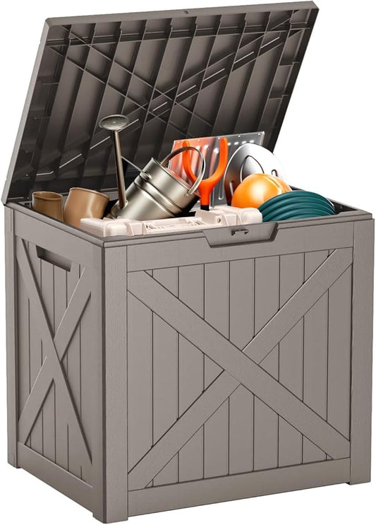 ROJIK Outdoor Storage Housing Deck Box - Waterproof Patio Furniture, Garden Tools, Cushions, Pool Accessories Storage Bench with Lockable Lid and Side Handles (Grey 38 Gal) ROJIK