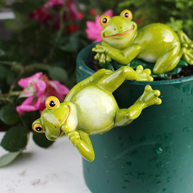Set of 2 Funny Frog Statues Outdoor Flower Pot Hugger, Resin Hanging Frog Figurines Cute Climbing Animals Sculpture Plant Pot Decorations for Home Garden Patio Lawn Yard Ornaments (Keep Quiet) JARPSIRY