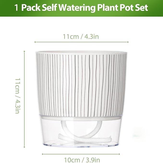Self Watering Pots for Indoor Plants, 4 and 5.3 Inch, Plastic, Black Stripes, Round, Modern, Tabletop Samhe