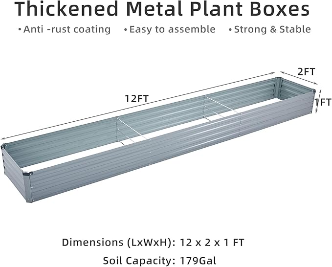 2 Pack 12x2x1FT Galvanized Raised Garden Bed Kit, Outdoor Metal Planter Box for Vegetables, Bottomless Rectangular Gardening Bed with Support Rods, Tool-Free Assembly, Gray Meberam