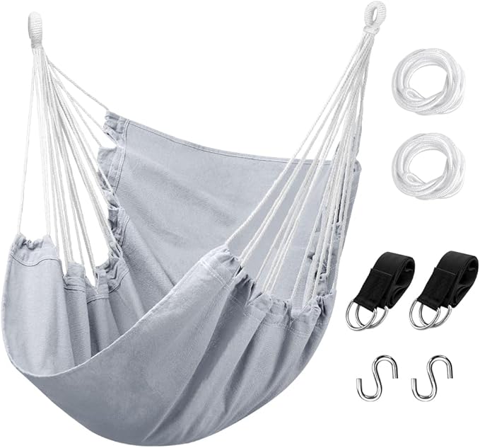 Hommtina Hammock Chair Hanging Rope Swing, Max 300 Lbs Hanging Chair with Pocket & Durability Perfect for Outdoor, Home, Bedroom, Patio, Yard (Pillows NOT Included,Light Grey) Hommtina