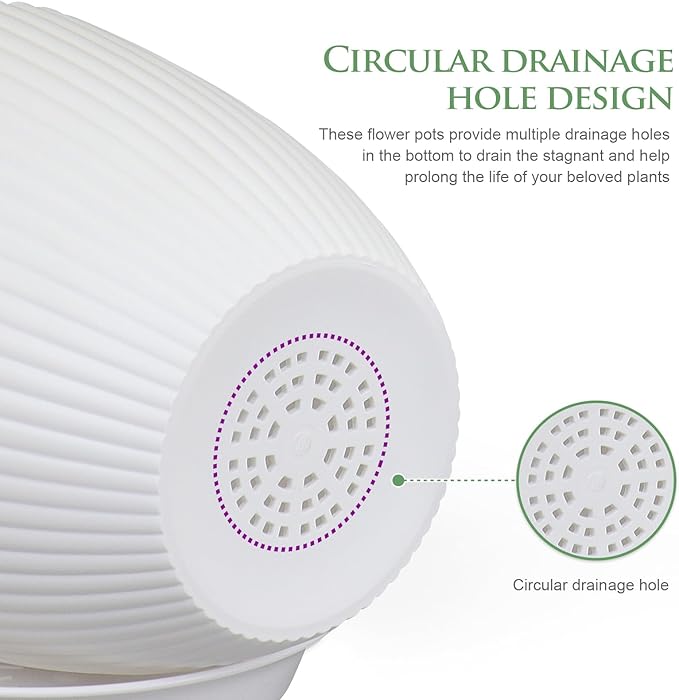 7/6.2/5.5/5/4.5/4 inch Plant Pots, 6 Pack Flower Pots for Small Indoor Outdoor Plants, Plastic Planters with Drainage Holes and Saucers for Garden Succulent House Plants, White Meowell