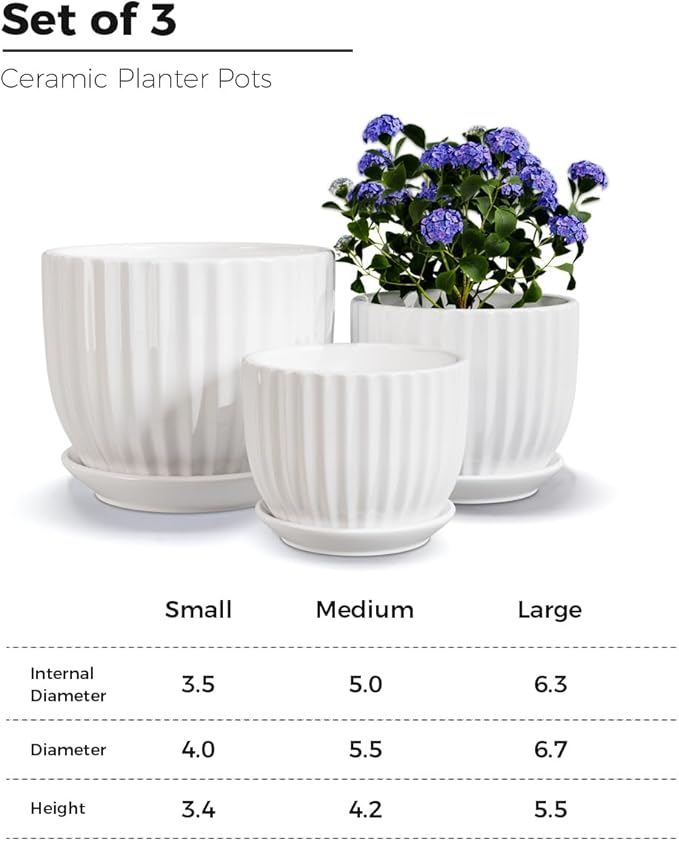 Ton Sin White Plant Pots Set of 3,Indoor Ceramic Flower Pot with Saucers,6.7"&5.5"&3.9" Inch Small to Medium Sized Planters for Plants,Round Modern Garden Pots TonSin