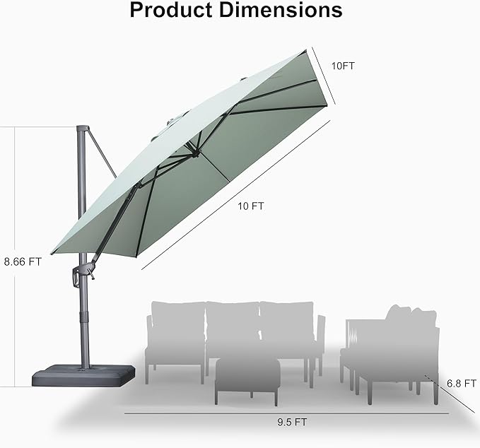 PURPLE LEAF Patio Umbrella 10' X 10' Rectangle Cantilever Umbrella Large Aluminum Outdoor Umbrellas with 360-degree Rotation & UPF40+ Premium Fabric for Deck Pool Garden Yard, Mint Green Rootora