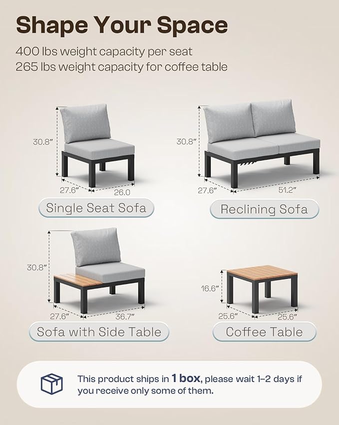 Aluminum Outdoor Patio Sofa Set, 2 Seats Modular Sectional Reclining Loveseat Sofa with Adjustable Backrest & Removable Cushions, All-Weather Conversation Sets for Garden & Yard, Gray Oasbira