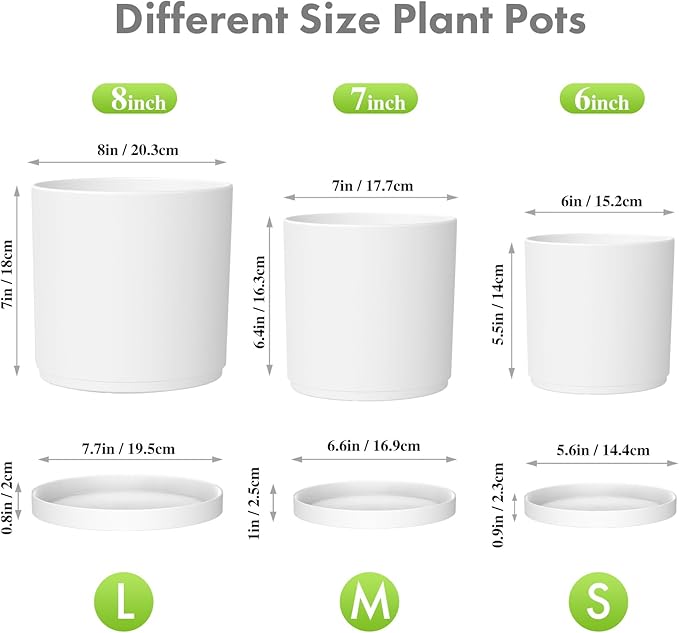 8/7/6 inch Plant Pots, Set of 3 Cylinder Flower Pots for Outdoor Indoor Plants, Decorative Plastic Planters with Drainage Holes and Saucers for Garden House Plants, White Meowell