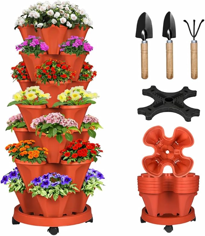 Vertical Strawberry Planter 7 Tier Stackable Tower Herb Planters Stacking Outdoor Garden Red Planters Pot with Tools Mover for Growing Flowers, Vegetables and Succulents Bociks