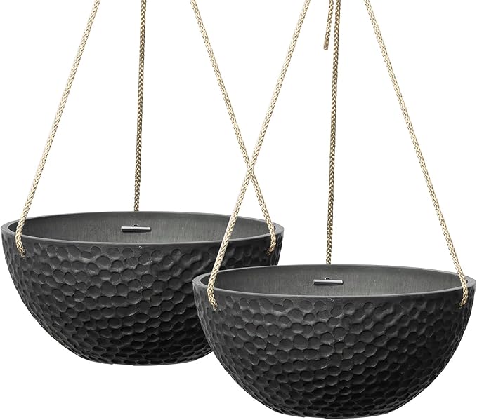 LA JOLIE MUSE Hanging Planters for Indoor Plants, Medium Hanging Planters with Drain Holes, Outdoor Hanging Flower Pots, Matte Black, Honeycomb (10 Inch, Set of 2) LaJol%C3%ADeMuse