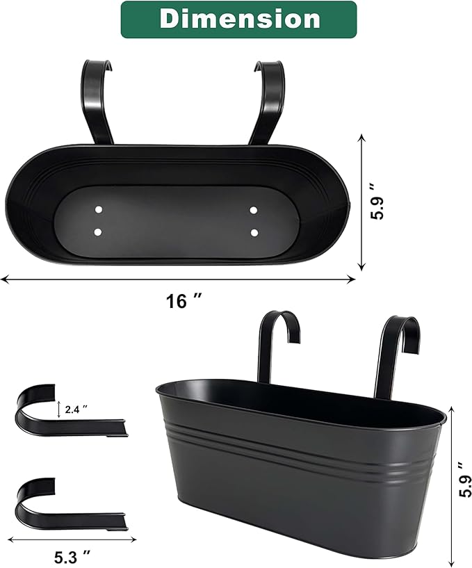 vensovo 16 Inch Railing Planter for Outdoor Plants - 3 Pack Large Metal Balcony Hanging Planters with Detachable Hooks and Drain Holes Oval Box Rail Pots for Home Garden Fence, Black vensovo
