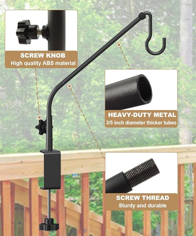 20 Inch Extended Reach Deck Hook Hanger for Railing, Heavy Duty Outdoor Plant Hook Holder for Hanging Bird Feeder Pole Deck Hanger Flower Basket Planter or Lanterns, Wind Chimes, 1 Pack Tuohours