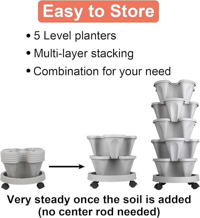GameXcel Vertical Planter 5 Tier Stackable Planters Garden Planters Strawberry Herb Flower and Vegetable Planter Indoor Outdoor Gardening Pots with Removable Wheels and Tools - Gray GameXcel