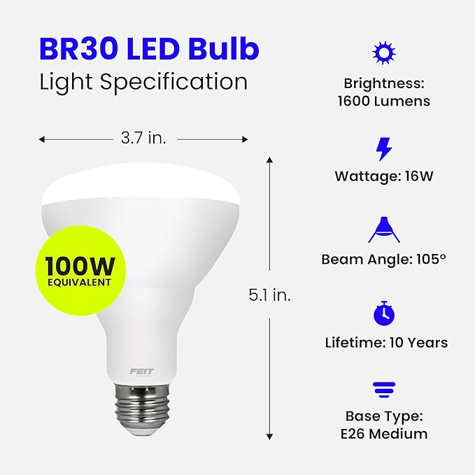Feit Electric BR30 LED Light Bulbs, 100W Equivalent, Dimmable, E26 Standard Base, 80 CRI, 1400 Lumens, 5000K Daylight, 120V, 10 Years Lifetime, Damp Rated, 6 Pack, 100BR30DM85010KLED/6 FeitElectricCompany