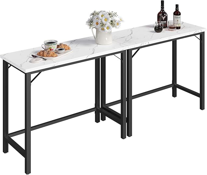 Narrow Bar Table, 63-Inch Pub Table for Dining Room, Counter Bar Tables with Sturdy Metal Frame, Connectable Bar Table, Multifunctional Console Table, Marble and Black BTHM1601 MAHANCRIS