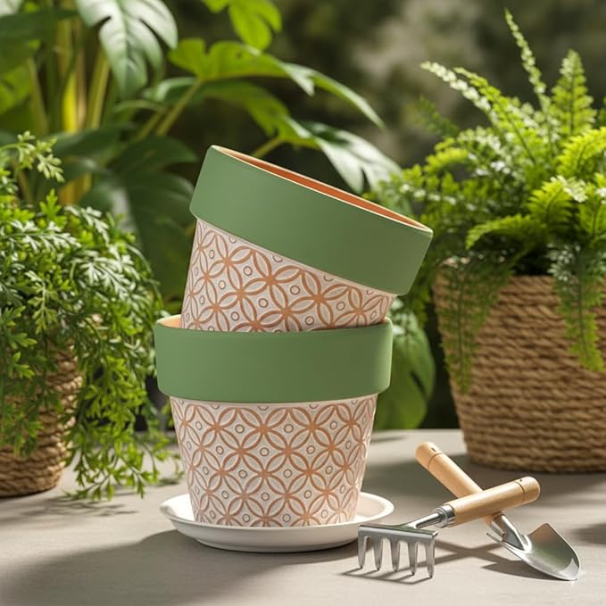 Terracotta Plant Pots Set of 2-4.7 Inch Vintage Pattern Clay Flowerpots with Green Rim & Drainage Holes, Decorative Terra Cotta Pots for Indoor Outdoor Garden Home Decor Rootora