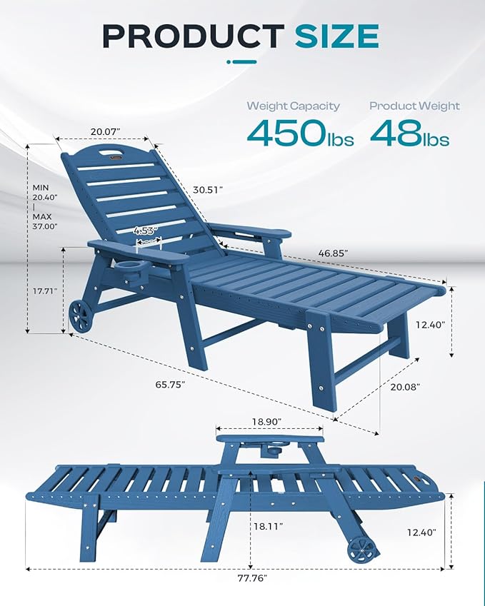 Ciokea Lounge Chair Outdoor, Oversized Chaise Lounge Chair with 5 Positions, HDPE, Patio Lounge Chair with Wheels & Cup Holder for Pool, Deck, Poolside, Azure Blue CIOKEA
