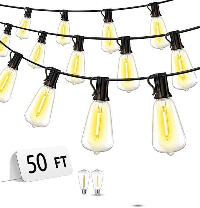 Outdoor Patio String Lights 50ft: ST38 LED Shatterproof Bulbs 3 Modes Button Control - Waterproof Connectable Lights - Wedding Bistro Party Backyard Gazebo Decorative Vozuji