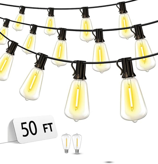 Outdoor Patio String Lights 50ft: ST38 LED Shatterproof Bulbs 3 Modes Button Control - Waterproof Connectable Lights - Wedding Bistro Party Backyard Gazebo Decorative Vozuji