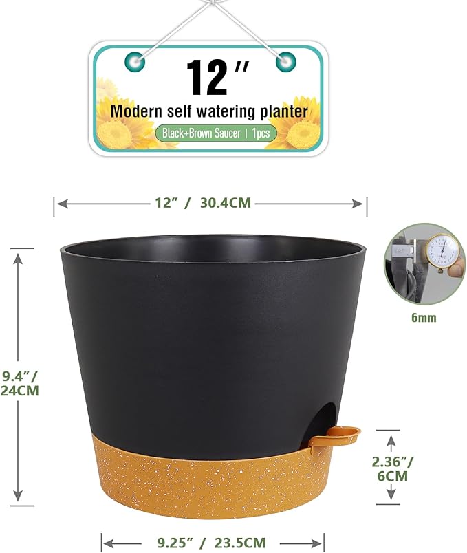 12 inch Large Self Watering Pots, Plant Pots with Mesh Drainage Holes for Indoor Outdoor Plants, Plastic Planters with Deep Reservoir for Garden House Flower Plants, Black with Brown Meowell