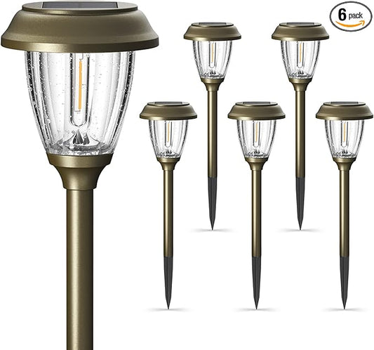 XMCOSY+ Solar Lights Outdoor 10/25 LM LED with 2 Lighting Modes, Solar Garden Lights Glass and Metal, IP65 Waterproof Solar Powered for Yard Pathway Walkway Driveway Patio (6 Pack, Warm White) XMcosy