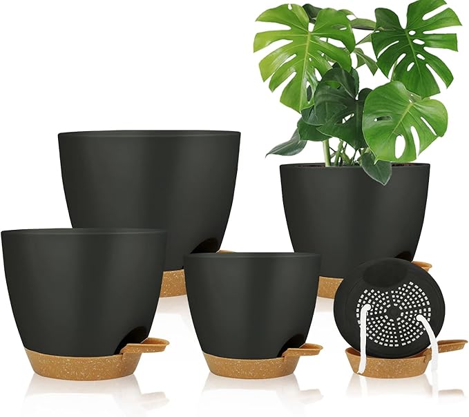 Self Watering Planters with Drainage Holes Reservoir,Nursery Planting Pot for Indoor Decor Garden Plants Succulents,Snake Plant, African Violet,Plastic Flower Pots Set 7+6.5+6+5.5+5 Inch (Black) STSTECH