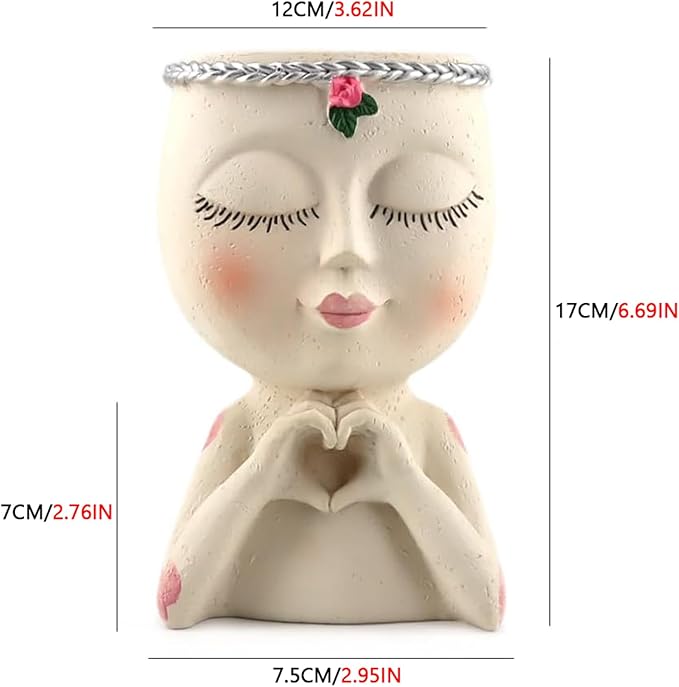 Face Planter Pot with Heart Hands, Resin Head Planter for Indoor Plants, Cute Succulent Pots with Drainage Hole, Gardening Gifts for Women Mom Teacher, 7.3" Home Decor (White) MeltsetM
