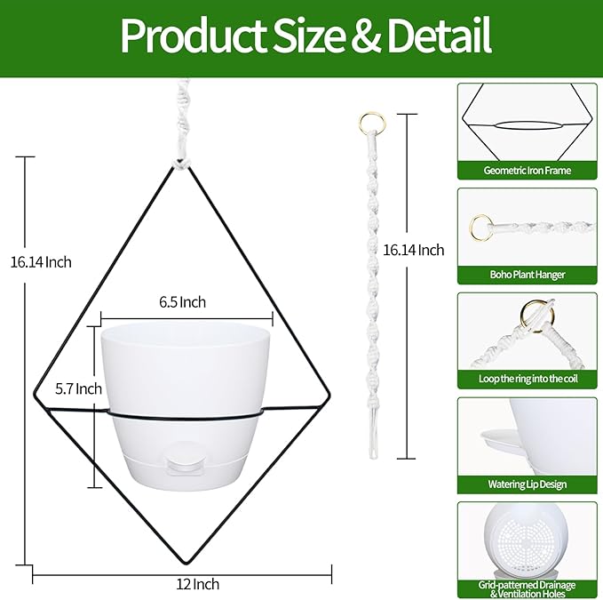 Hanging Planters for Indoor Plants, 2 Set Self Watering Hanging Flower Pots, Modern Hanging Plant Baskets with Metal Plant Holder & 6.5 Inch Plastic Pots for Garden Home Decor (White) Koalaime