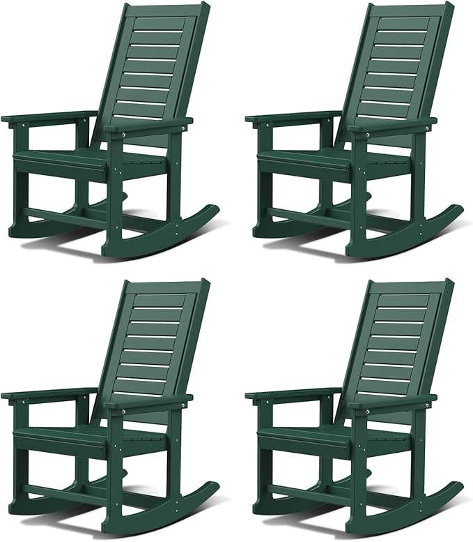 GREENVINES Outdoor Rocking Chairs | Set of 4 | Porch Rocker | HDPE Plastic | Forest | Oversized Rockers | High Back | Big & Tall | Ladder Back | for Patio Outside Backyard Balcony Garden GreenVines