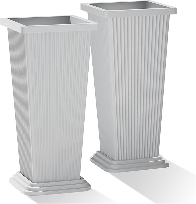 Tall Outdoor Planters Set of 2, 24" Tapered Outdoor Tall White Planter for Front Porch, Large Indoor Modern Planter Flower Pots with Tray, Drainage Holes (Ribbed) PolarcoForgeco
