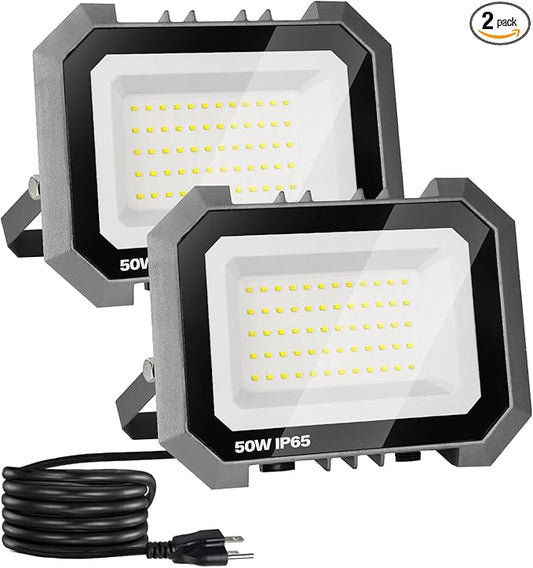 2 Pack LED Flood Lights Outdoor, 50W 5000LM Super Bright Floodlight Outside Work Light with 5.9FT Plug, IP65 Waterproof 6000K Outdoor LED Flood Light for Garage, Yard, Lawn, Garden LEDDICTIVE
