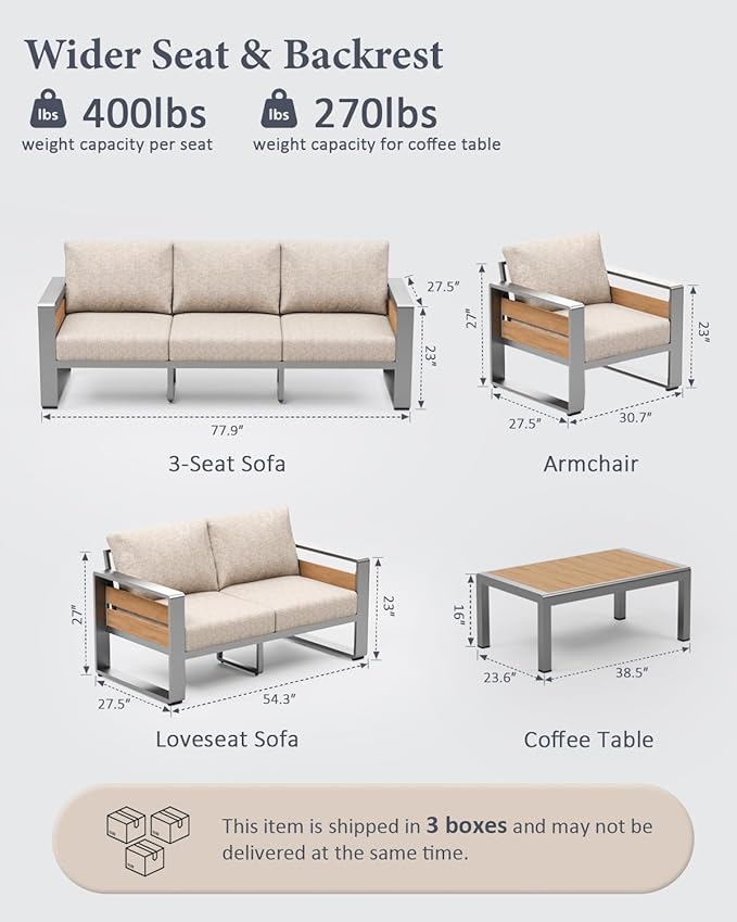 ZANDOR Outdoor Patio Conversation Sets, 4-Piece Aluminum Metal Outside Sectional Lawn Furniture with Coffee Table & Washable Thick Cushions,Seating Sofa for Garden/Backyard/Porch, Silver ZANDOR%7CCraftingYourOutdoorElegance