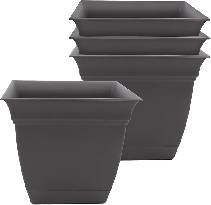 The HC Companies 8 Inch Eclipse Square Planter Pots with Drainage Holes & Attached Saucer, Lightweight UV-Resistant Plastic Indoor Outdoor Planters, 4-Pack Flower Pots for Garden Home Decor, Warm Gray TheHCCompanies