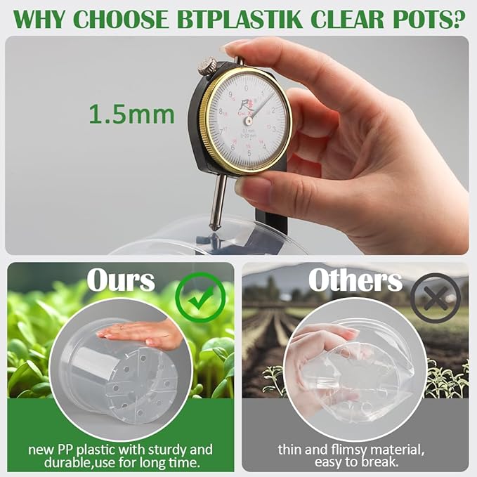 7 Pack 8 Inch Clear Nursery Pots with Saucer, Transparent Plastic Plant Pot with Drainage Holes, Sturdy Plant Starter Pots, Planter Pot for Planting Succulent Flower Herb Vegetable, Gardening Gifts BTPLASTIK