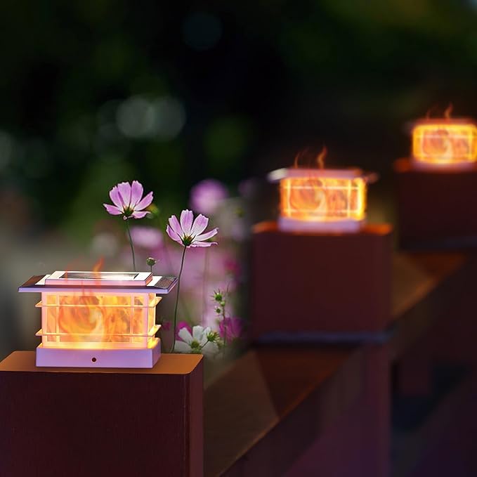 Dynaming 6 Pack Solar Post Cap Lights Outdoor with Flickering Flame Light, White Shell Fence Post Solar Lights Fit 4x4 5x5 Vinyl/Wooden Posts, Brightness LED Lighting Decor for Garden Deck Patio Dynaming