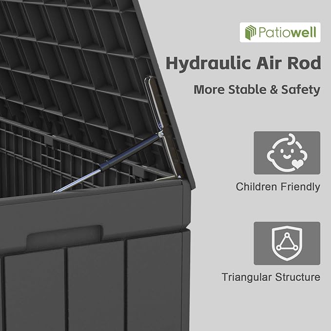 Patiowell 82 Gallon Resin Deck Box, Waterproof Large Wood Look Storage Box for Patio Furniture, Pool Accessories, Garden Tools and Sports Equipment, Lockable, Black Patiowell