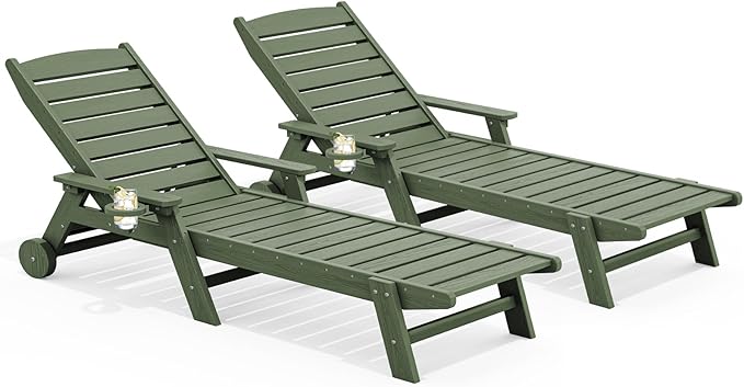 SERWALL Patio Chaise Lounge Chair Set of 2, 78'' Long 5-Positions Adjustable HDPE Outdoor Lounger for Pool, Poly Lounge Chair with Rolling Wheels & Cup Holder for Poolside, Deck, Avocado Green SERWALL