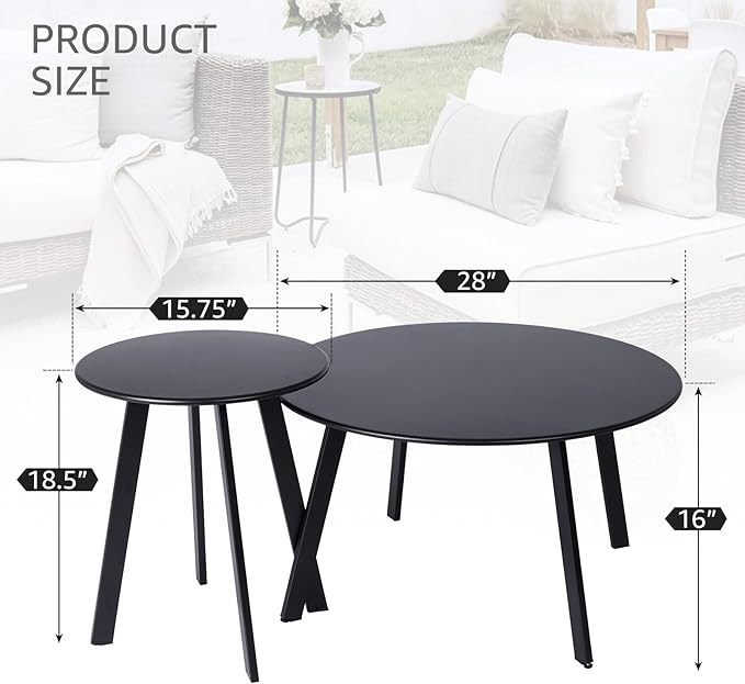 Patio Outdoor Coffee Table Set of 2 - Weather Resistant Outdoor Round End Table Modern Coffee Tables for Living Room Balcony Home Office (Black) Juserox
