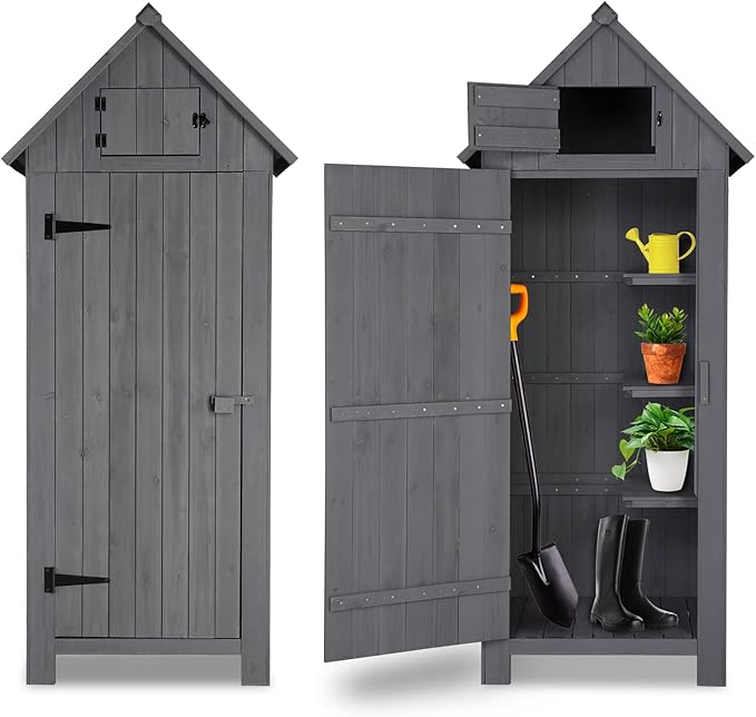 Outvita 70in Outdoor Storage Shed, Waterproof Wooden Garden Storage Cabinet with Lockable Door, Grey Outvita