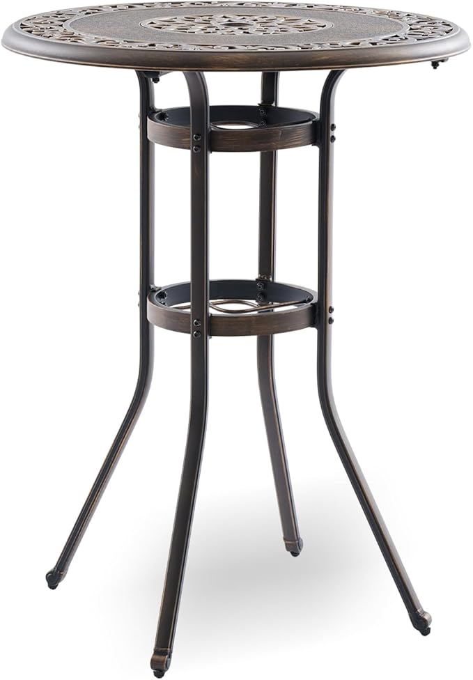 Outdoor Bar Height Table, 31.5" Round Cast Aluminum Patio Pub Table with Umbrella Hole, All-Weather Design for Deck/Garden/Poolside (Bronze) Attliahome