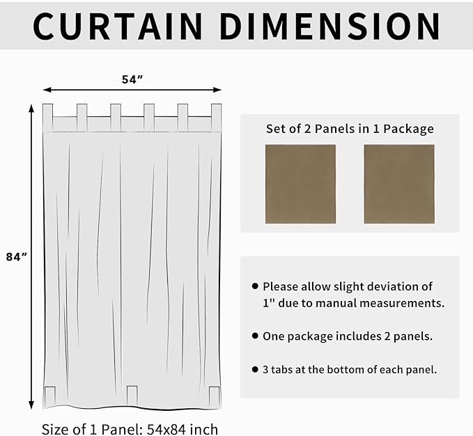 Easy-Going Outdoor Patio Curtains Detachable Tab Top Windproof Weatherproof Curtain for Cabana, Porch, Pergola and Gazebo, Tab Bottom Drape, 2 Panels, 54W x 84L inch, Khaki Easy-Going