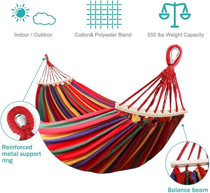 MOSFiATA Camping Hammock 550lb Upgraded Thickened 320G Durable Canvas Fabric Single Hammocks with Two Anti Roll Balance Beam and Sturdy Metal Knot Tree Straps for Camping, Patio, Backyard, Outdoor MOSFiATA