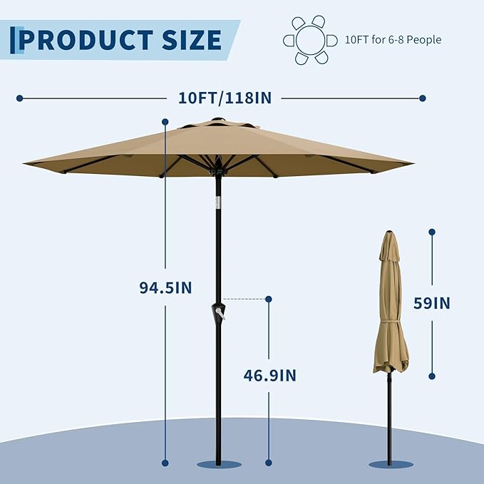 Garvee 10FT Patio Umbrella - Outdoor Table Umbrella with Smooth Crank Lift, Push Button Tilt and 8 Sturdy Ribs - Market Umbrella UV Protection Waterproof for Pool, Deck, Yard, Garden (Tan) Garvee