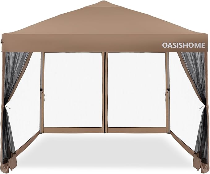 OASISHOME 10'x10' Pop-Up Gazebo Canopy Tent with Netting Sidewalls & Wheeled Bag,Weight Bag, Stakes, Ropes, Waterproof, UV Protection, Heavy-Duty Steel Frame for Backyard/Outdoor/Parties (Khaki) OASISHOME
