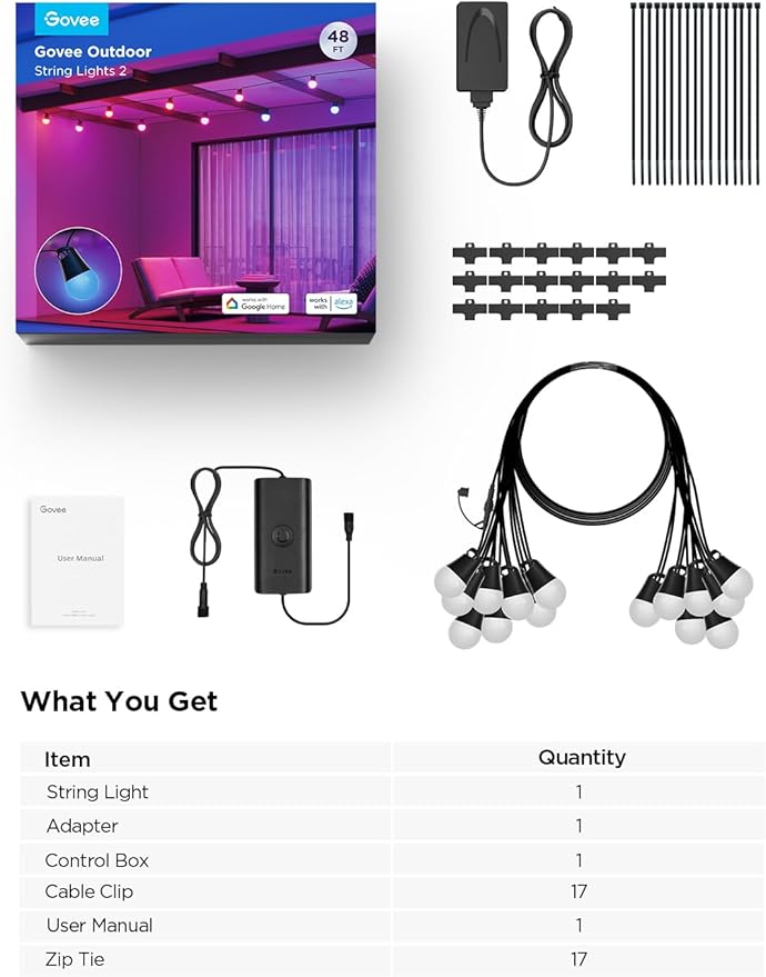 Govee Smart Outdoor String Lights 2, 48ft Outdoor Lights with Dimmable Warm White LED Bulbs, 47 Scene Modes for Patio, Backyard, Balcony, IP65 Waterproof, Works with Alexa, App Control Govee