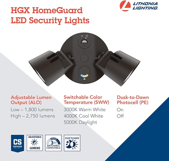 Lithonia Lighting HomeGuard 2-Light LED Outdoor Flood Lights, Outdoor LED Lights, Dusk to Dawn Sensor, Adjustable Lumens, Selectable Color, Round Heads, Dark Bronze (HGX LED 2RH ALO SWW2 120 PE DDB) AcuityBrands