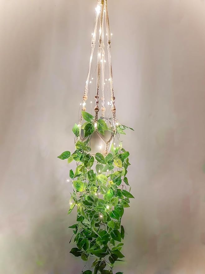 2 Packs Fake Hanging Plant with lights Artificial Plants with Pots for Home Decor Macrame Plant Hanger with Faux Vines Greenery for Bedroom Bathroom Room Ceiling Wall Boho Decor Indoor Outdoor Comtelek