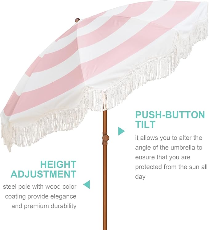 AMMSUN Boho Fringe Umbrella Outdoor Patio, 6.5ft UPF50+ Picnic Umbrella with Tassels with Steel Pole and Push Button Tilt, Pink Stripes AMMSUN