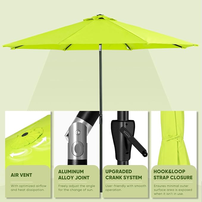 Tempera Patio Market Outdoor Table Umbrella with Auto Tilt and Crank, Large Sun Umbrella with Sturdy Pole & Fade Resistant Canopy, Easy to Set TemperaPatioLife