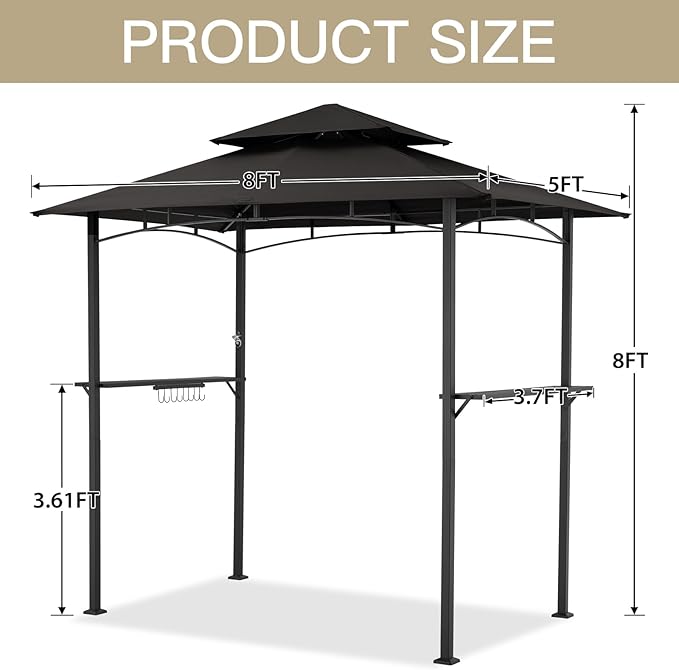 AECOJOY 8' x 5' Outdoor Grill Gazebo, BBQ Canopy for Outdoor Grill, 2- Tier BBQ Grill Gazebo Shelter for Patio, Backyard and More (Black) AECOJOY
