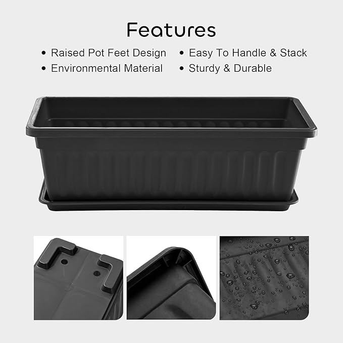 GROWNEER 6 Packs 17 Inches Black Flower Window Box Plastic Vegetable Planters Long Pots with 15 Pcs Plant Labels for Outdoor Indoor Windowsill, Patio, Garden, Home Decor, Porch GROWNEER
